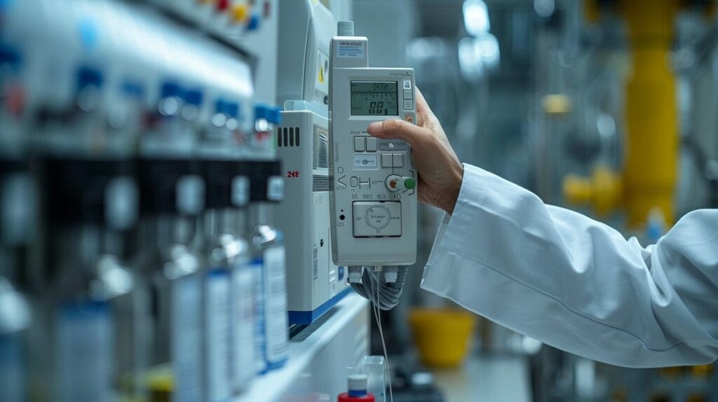 hand calibrating pH meter in lab