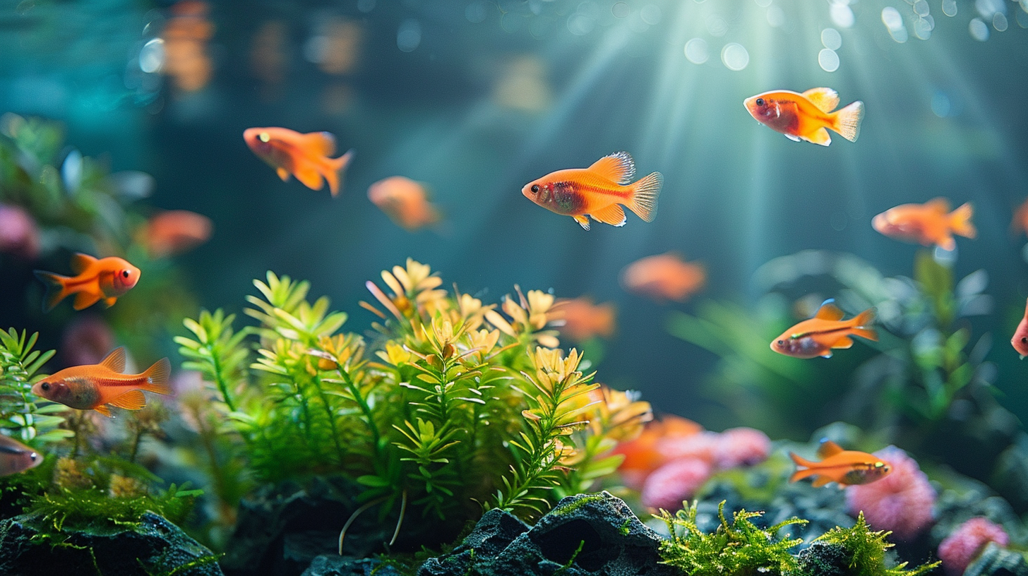 Several small orange fish swim in a brightly lit aquarium filled with green plants, rocks, and traces of white algae. Sunlight penetrates the water from above, creating a serene and vibrant underwater scene.