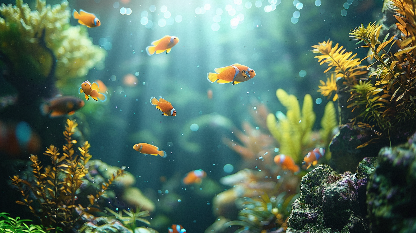 Underwater scene featuring orange and white fish swimming among green and yellow aquatic plants, with patches of white algae in the aquarium, all illuminated by sunlight streaming through the water.