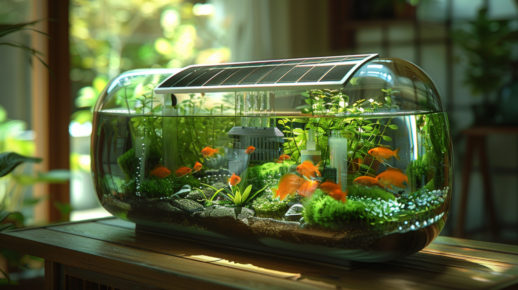A fish tank with a solar panel filter and pump in action, maintaining clean water.