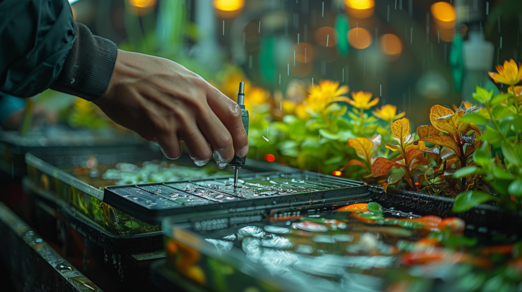 A person cleaning solar panels on a fish tank filter, surrounded by aquatic plants and fish.