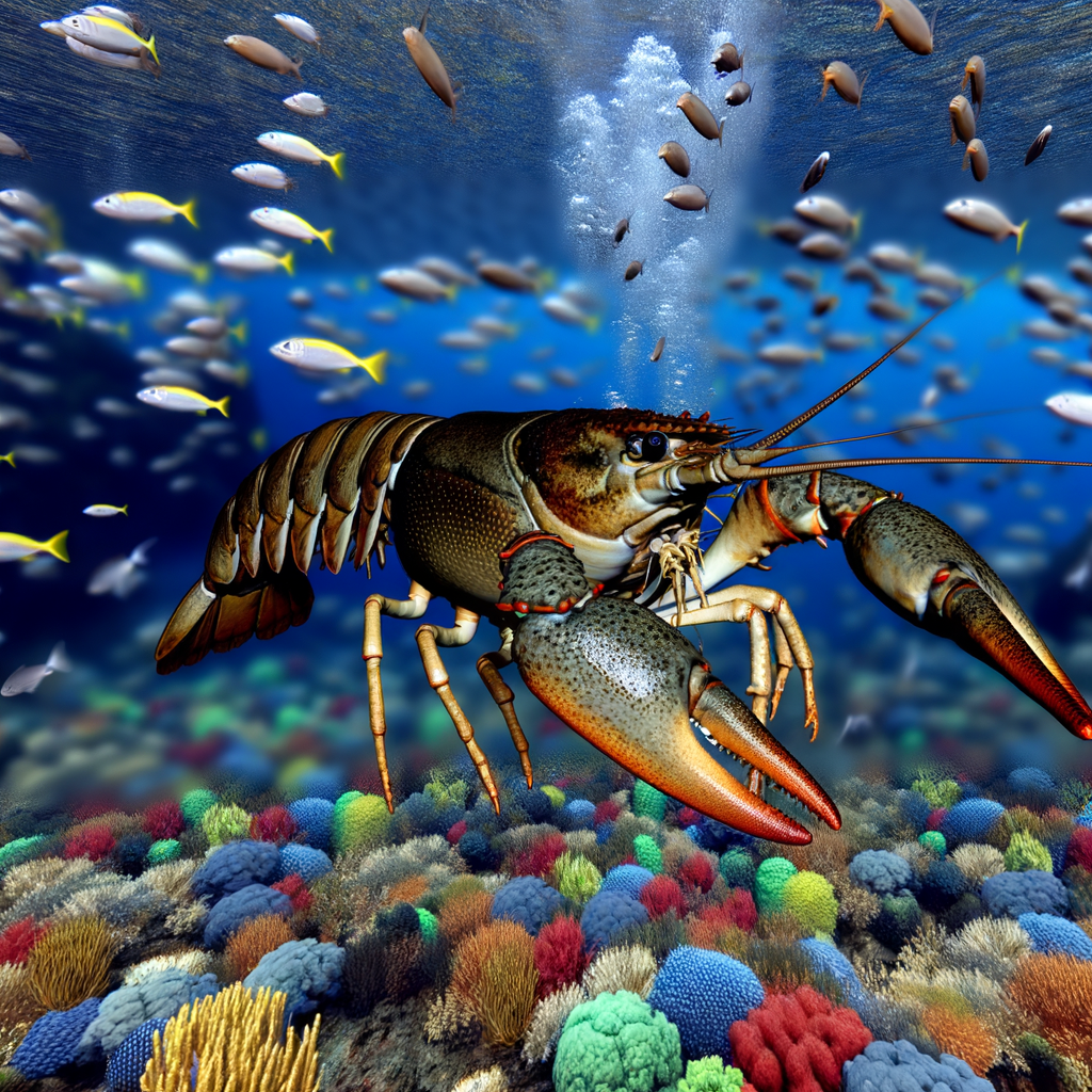 An aquarium with various fish species and a dominant crayfish
