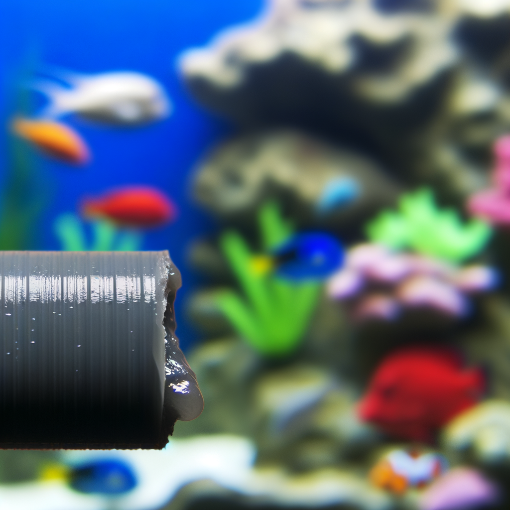 Close-up of a broken plastic pipe with blurred colorful fish and coral in an aquarium background, highlighting the importance of knowing what silicone is aquarium safe for repairs.