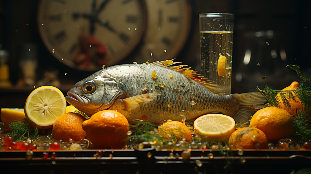 Close-up of lemon slice in fish tank with distressed fish and pH scale.