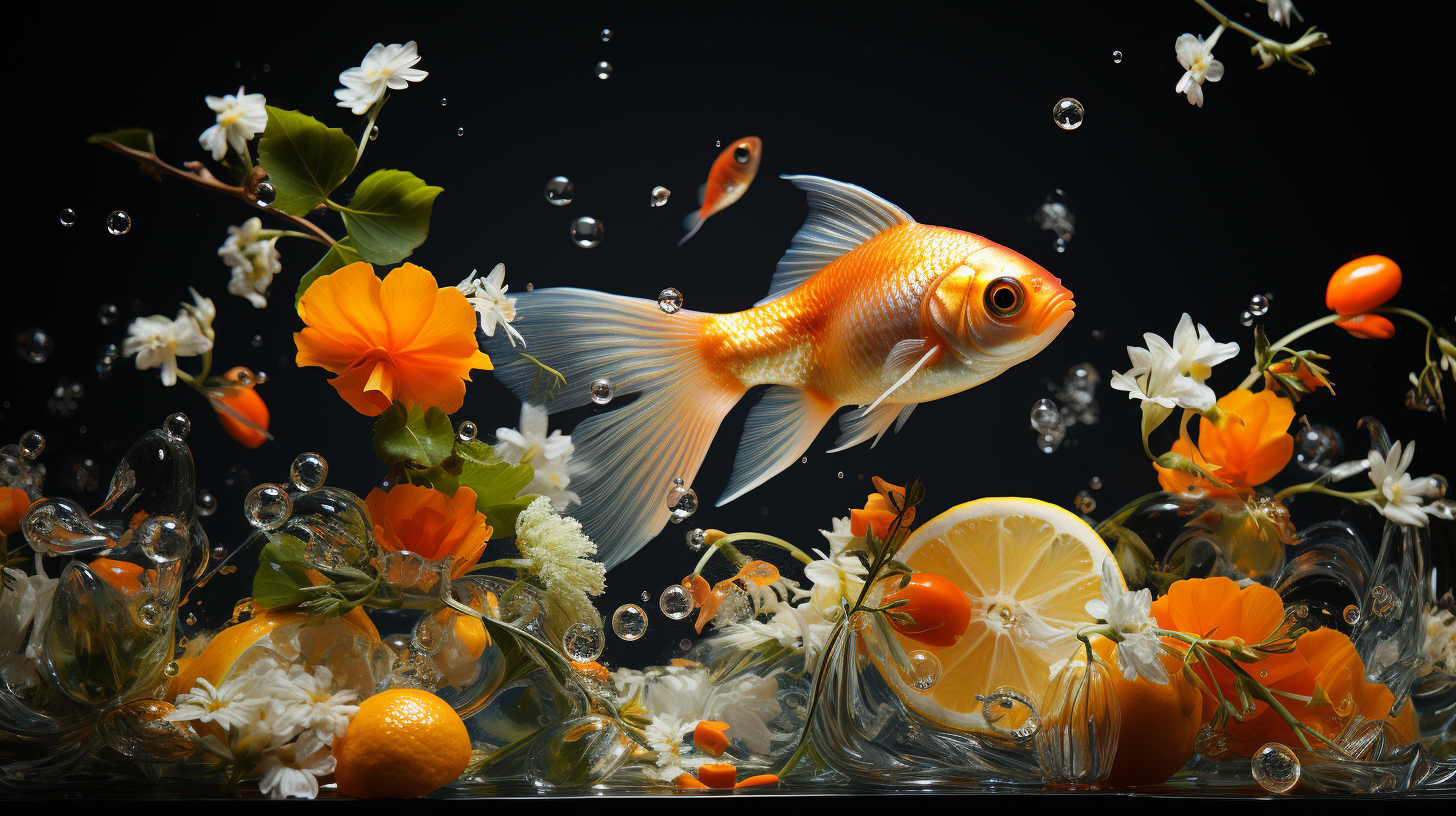 A goldfish swims amongst an arrangement of floating flowers, lemon slices, and bubbles in a serene fish tank against a dark background.