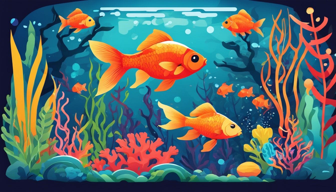 Vibrant aquarium with goldfish swimming among coral and plants.