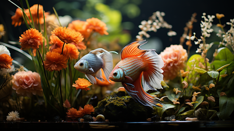 Two colorful betta fish swim in a vibrant aquarium adorned with orange flowers, green plants, and rocks. While it’s a harmonious scene, one might wonder: can gouramis live with angelfish in such a serene setting?