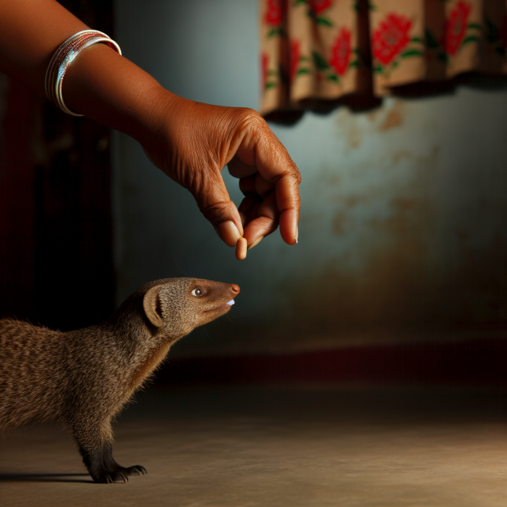 Human hand, wary mongoose, struggle of domestication