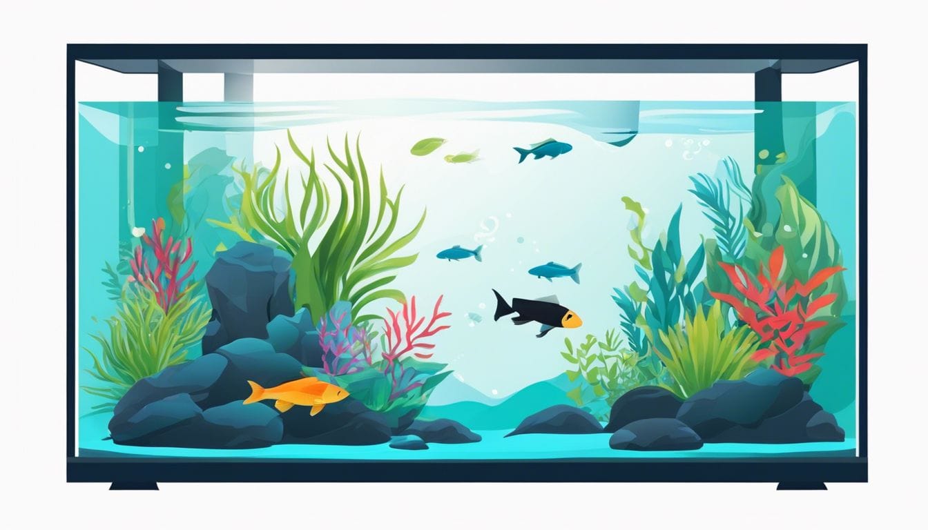 A peaceful aquarium with vibrant plants and fish swimming serenely.