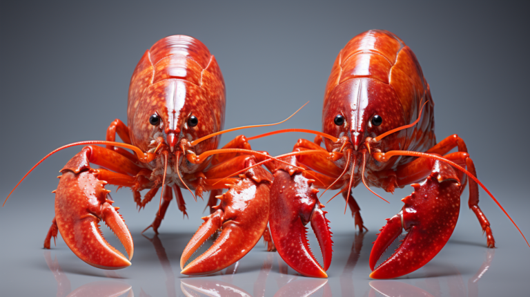 Two red lobsters facing forward against a gray background, displaying their large claws and long antennae. Learn how to tell male from female crayfish by examining similar features in these fascinating creatures.