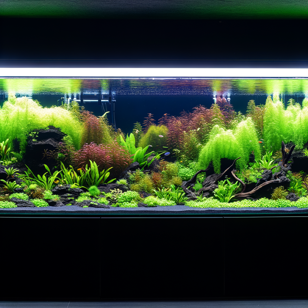 Modern aquarium, vibrant semi-aquatic plants, advanced filtration, lighting