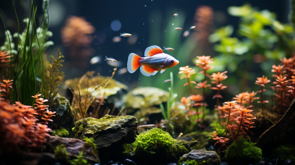 Peaceful aquarium scene with gouramis and angelfish