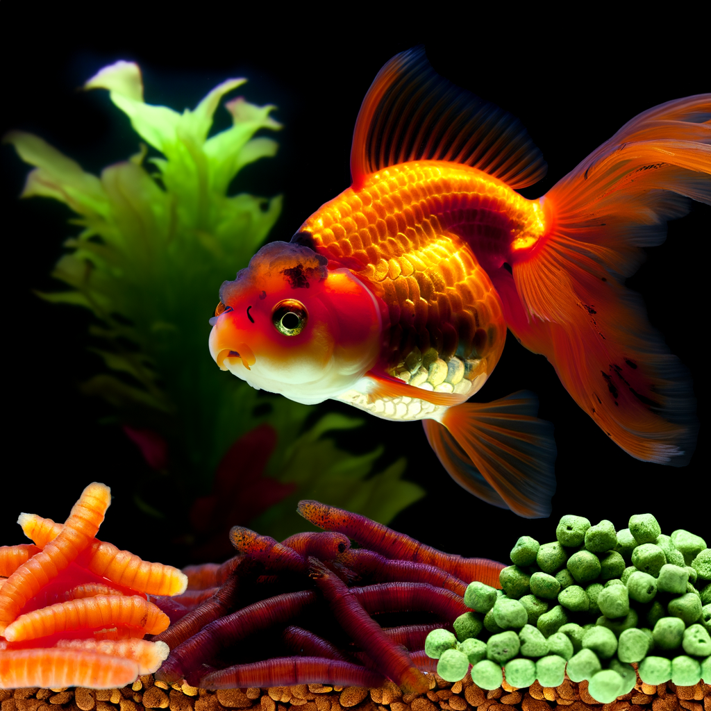 What Do Ranchu Goldfish Eat featuring Ranchu Goldfish with its food