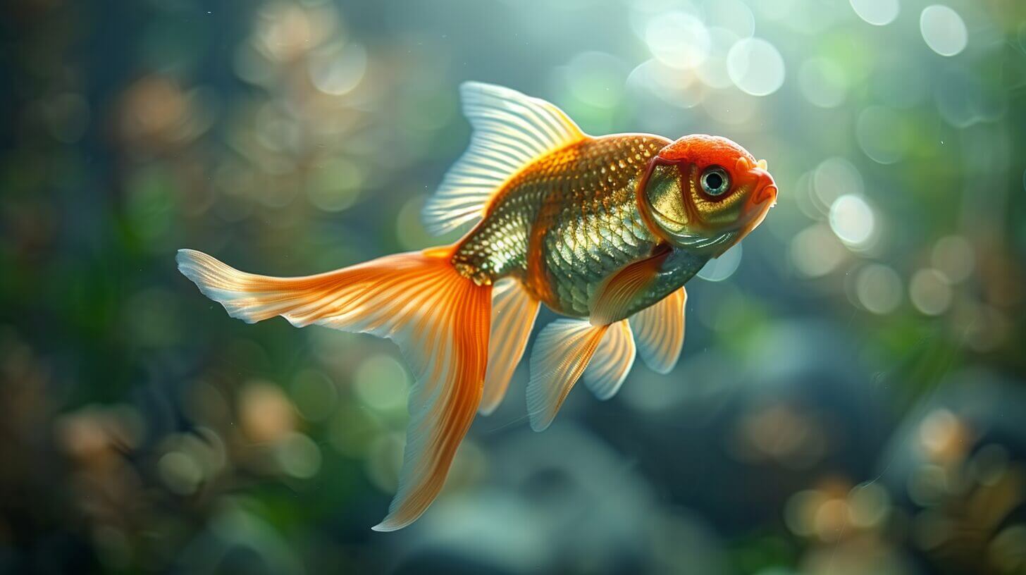 Serene fish tank with a lone goldfish, vibrant plants, sparkling rocks.