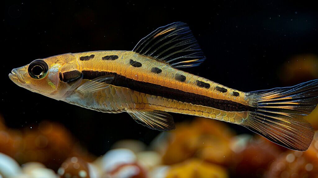 Siamese Algae Eater in freshwater aquarium, slender body and distinct black stripes.