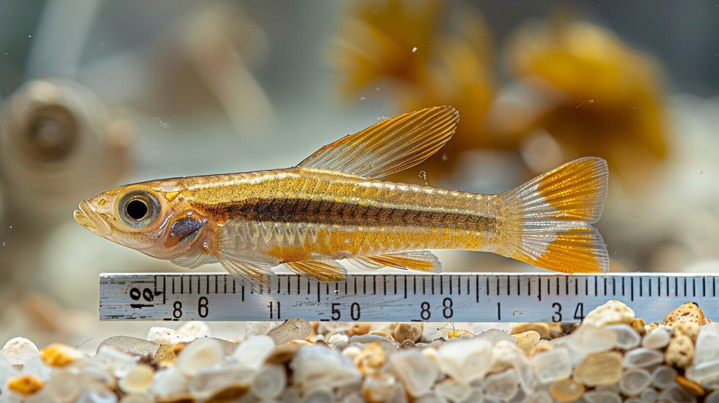 Siamese Algae Eater next to ruler showing size, slender body and black stripe.