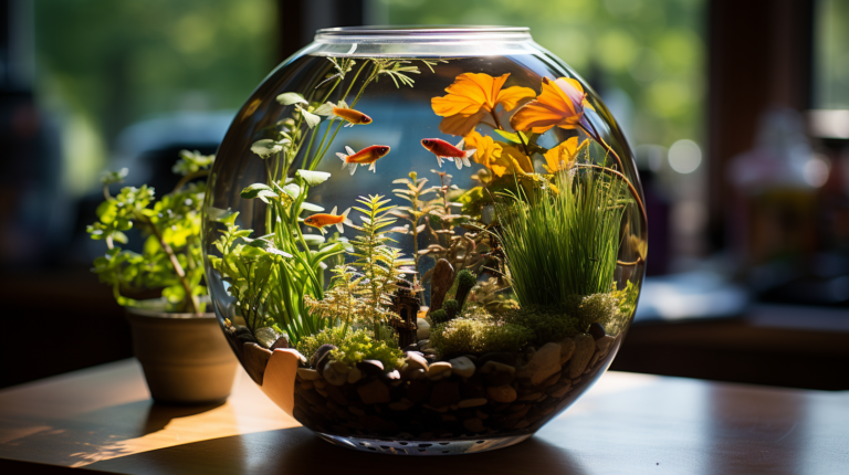 A round fishbowl with orange fish, plants, and rocks sits on a wooden table. Sunlight illuminates the scene, highlighting the vibrant, natural elements of this small self-sustaining aquarium. A small potted plant is set beside it.