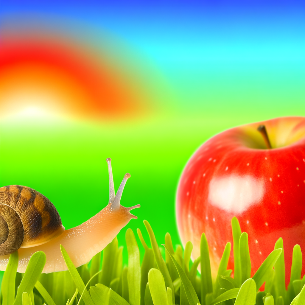 Snail approaching apple slice with colorful backdrop