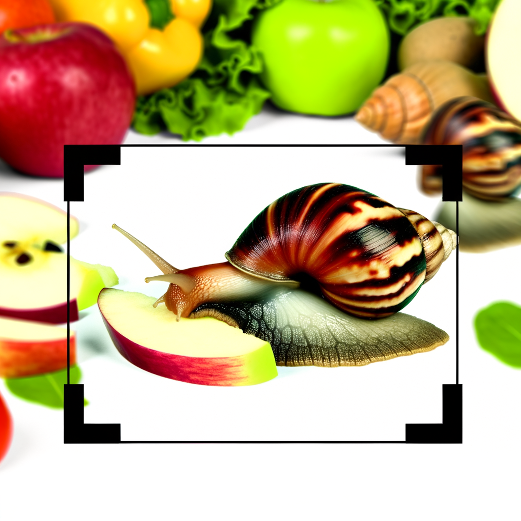 Snail eating apple slice, with fruits and vegetables around.