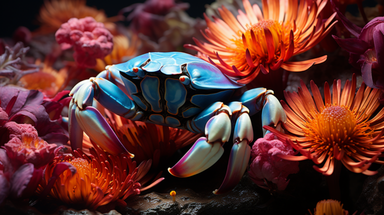 A vibrant blue, fully aquatic crab with light-colored legs is surrounded by orange and pink flowers in a detailed close-up.