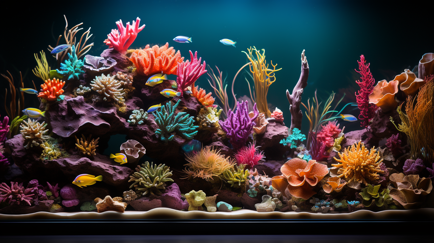 A vibrant coral reef with various colorful corals and several small fish swimming around in clear blue water, complemented by the lush presence of macro algae in this stunning saltwater tank.