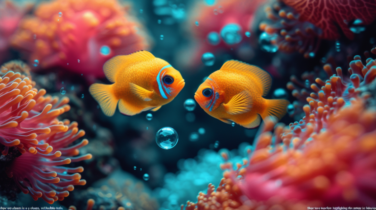 Two vivid orange fish face each other among colorful corals underwater, with playful air bubbles rising between them. One might wonder, do fish play with each other in this mesmerizing aquatic dance?