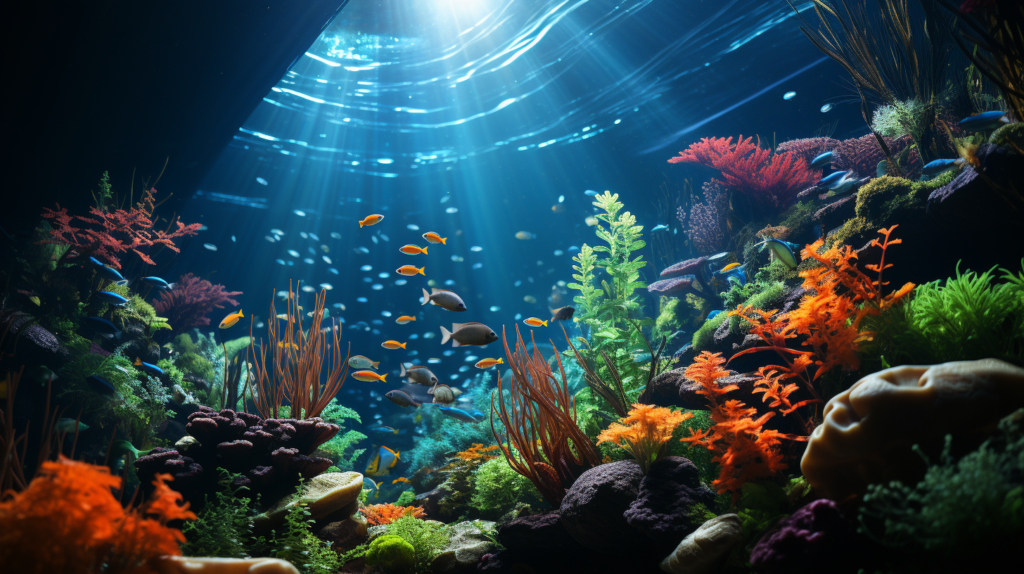 Vibrant underwater scene with green plants, colorful fish, and clear water