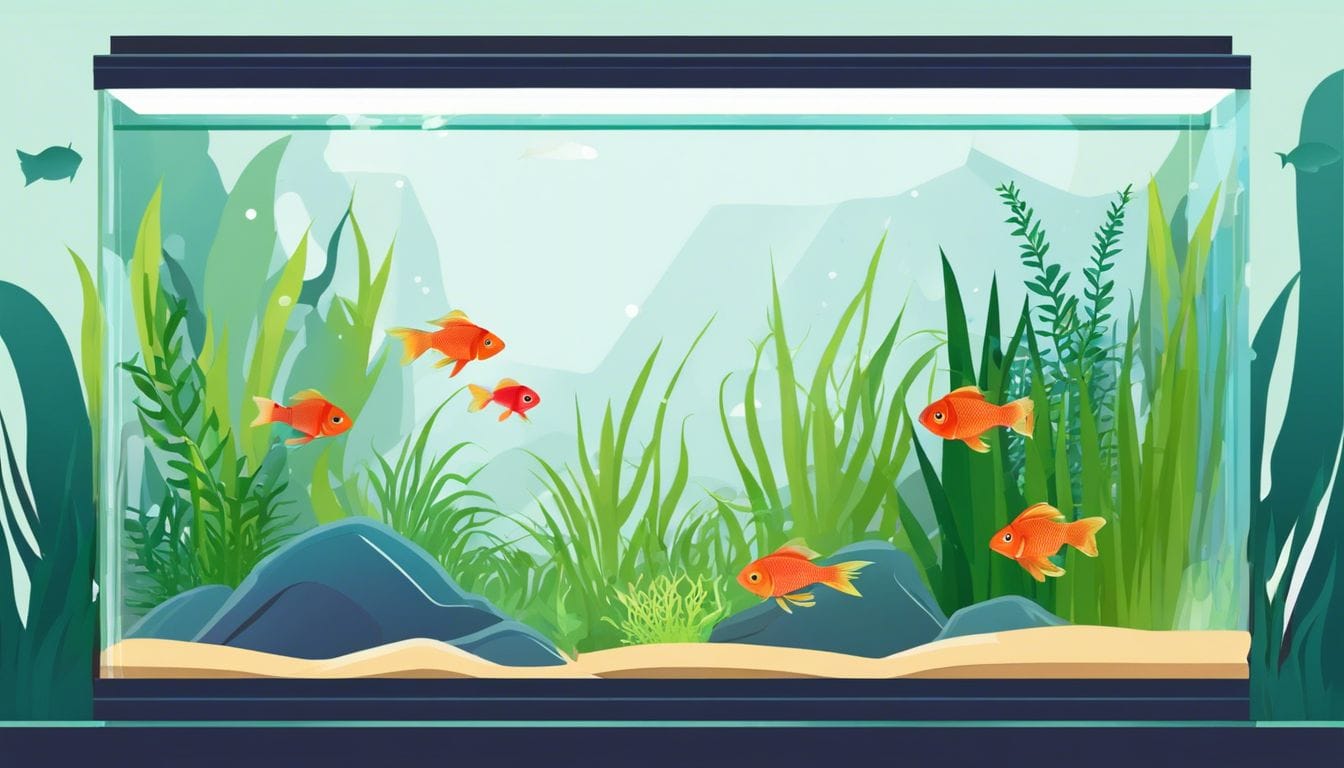 A serene fish tank with lush plants and colorful fish.
