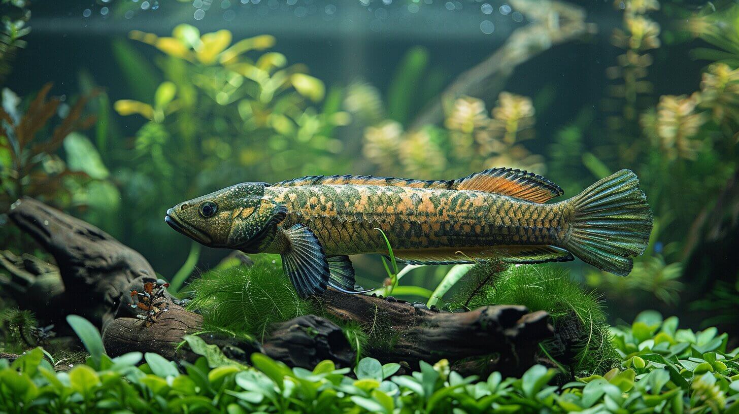 A brightly colored Dinosaur Bichir swims near driftwood and aquatic plants in a freshwater aquarium, showcasing its impressive size.