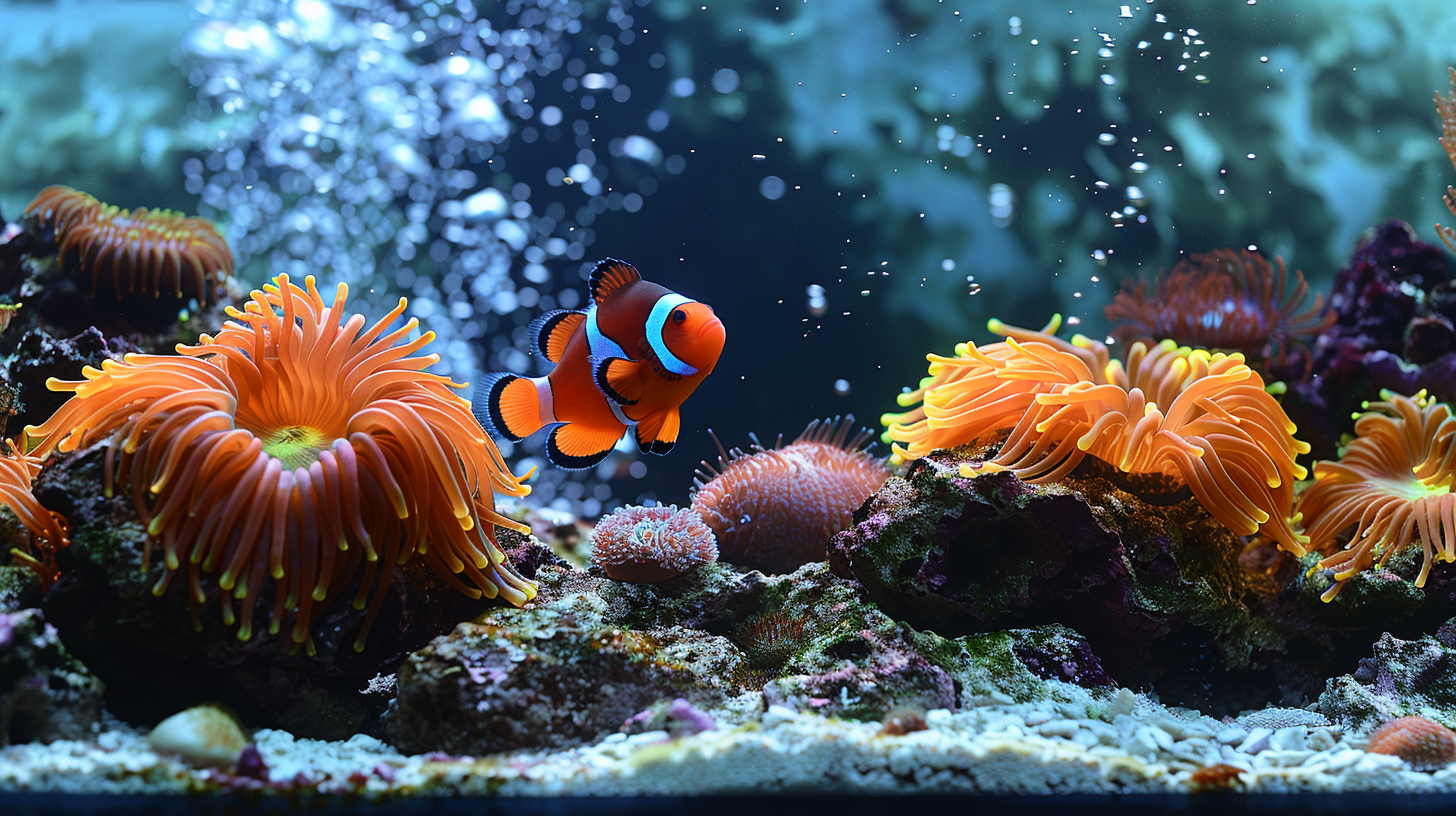 A clownfish swims among colorful sea anemones and coral in an aquarium, with bubbles rising in the background. Observing how much space clownfish need emphasizes the importance of providing a spacious environment for them to thrive.