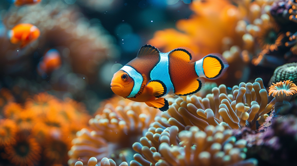 A clownfish swims among vibrant coral in an underwater environment, showcasing just how much space clownfish need to thrive.