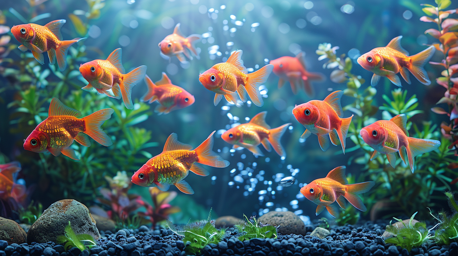 A group of goldfish swim among aquatic plants and rocks in a well-lit aquarium, with bubbles rising to the surface—raising the question, can you over oxygenate a fish tank?