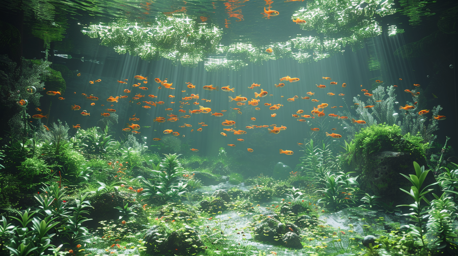A group of orange fish swim underwater among green plants, with sunlight filtering through the surface above, creating a serene scene that might make you wonder: What do scuds eat in such an environment?