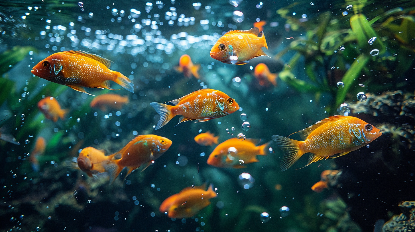 A group of orange fish swims underwater, surrounded by bubbles and green aquatic plants. Can you over oxygenate a fish tank?