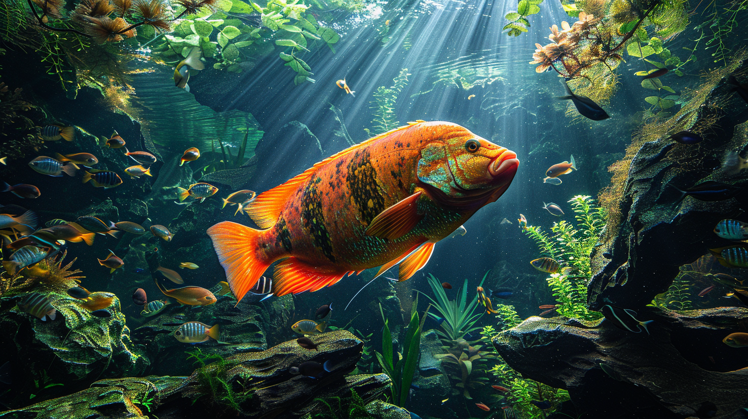 A large, brightly colored Oscar fish swims in an underwater scene surrounded by smaller fish and aquatic plants, with sunlight filtering through the water.