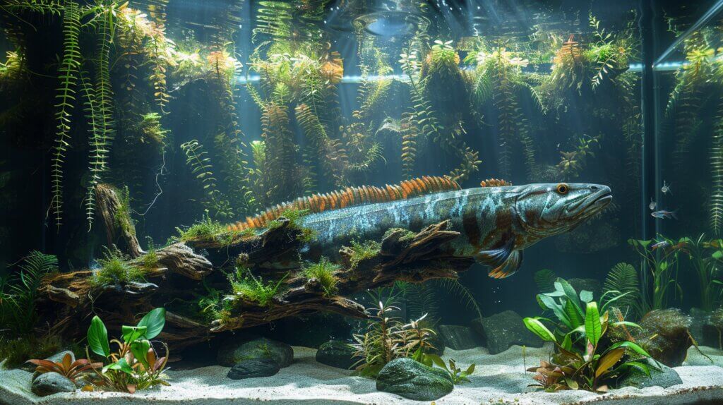 A large Dinosaur Bichir with striped patterns swims near a log in a well-planted aquarium. Sunlight filters down, illuminating the green plants and sandy bottom.