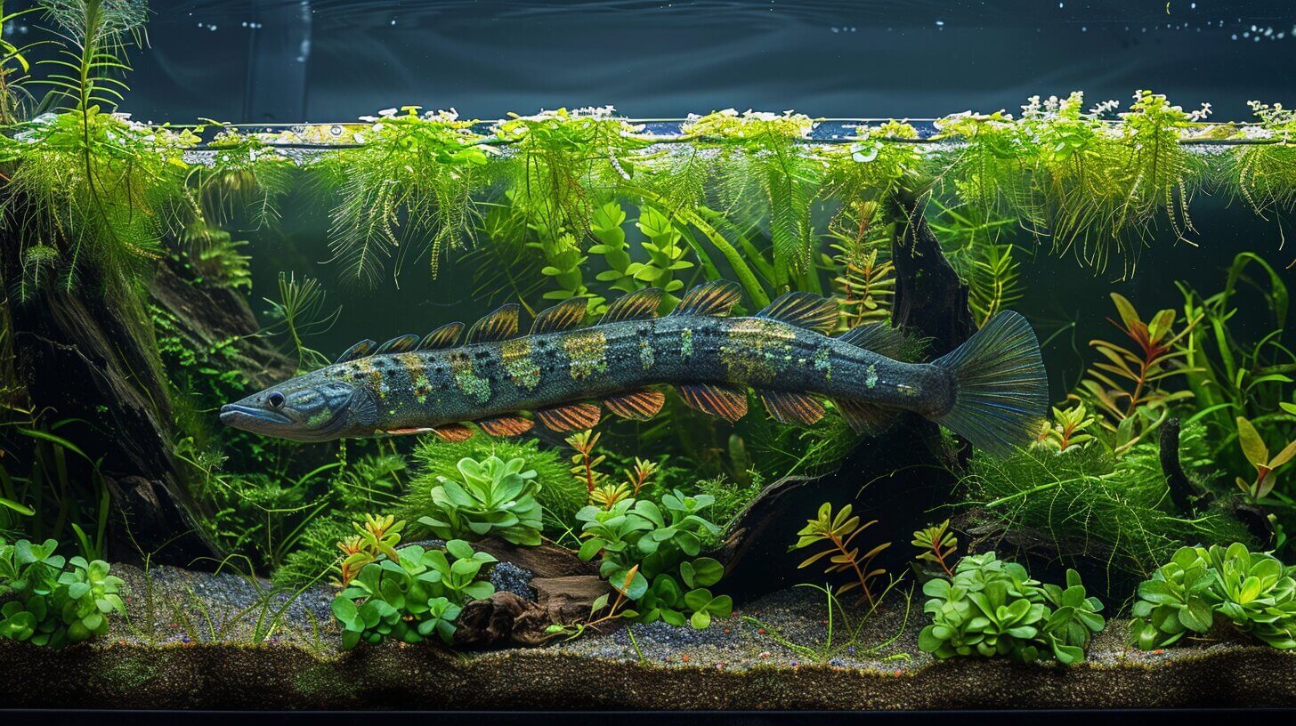 A large, striped fish swims in a well-planted aquarium with various aquatic plants, driftwood, and a sandy substrate, sharing the space with a Dinosaur Bichir that impresses with its size.