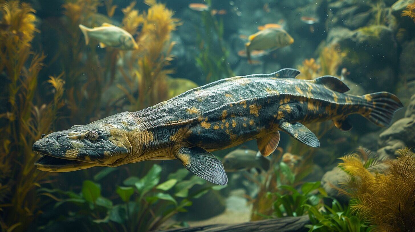 A prehistoric fish, reminiscent of a dinosaur Bichir, swims in an underwater environment with plants and other fish. It's large, with a long body, thick head, and patterned skin.