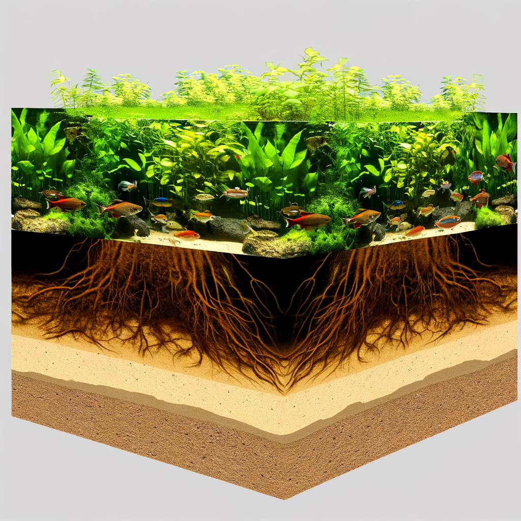 Best Plants for Sand Aquarium featuring a realistic Cross-section of sand aquarium with plant roots and fish.