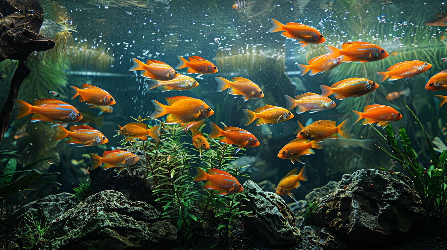 A school of orange fish swims in an aquarium with rocks, plants, and bubbles rising to the water's surface, showcasing the power of natural filters for fish tanks.