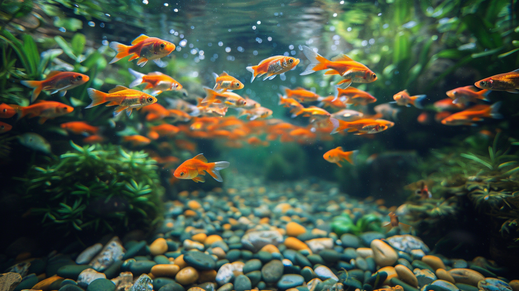 A school of small orange fish swim over a gravel bottom in a freshwater aquarium, benefiting from the power of natural filters for fish tanks, with lush aquatic plants in the background.