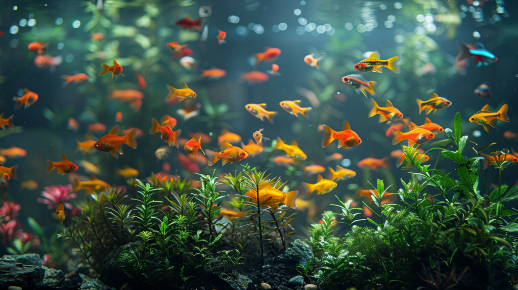 A vibrant aquarium filled with numerous small, colorful fish and lush aquatic plants, making you wonder: What do scuds eat in this thriving underwater oasis?