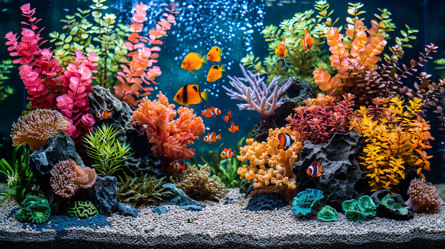 A vibrant aquarium scene with various colorful fish swimming among brightly colored corals, plants, and rocks on a gravel substrate showcases the power of natural filters for maintaining a pristine environment.