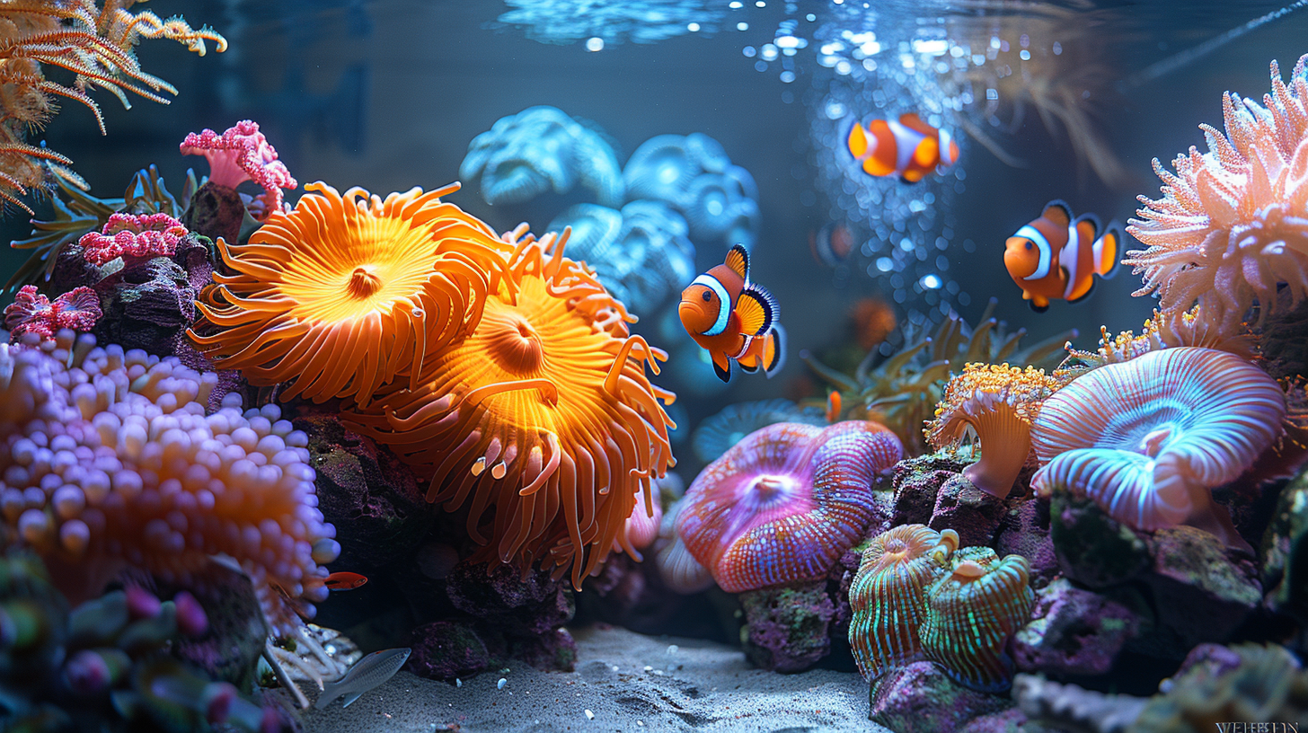 A vibrant coral reef with various colorful corals and anemones. Three clownfish swim among the corals, illuminated by sunlight filtering through water, showcasing just how much space do clownfish need in their natural habitat.