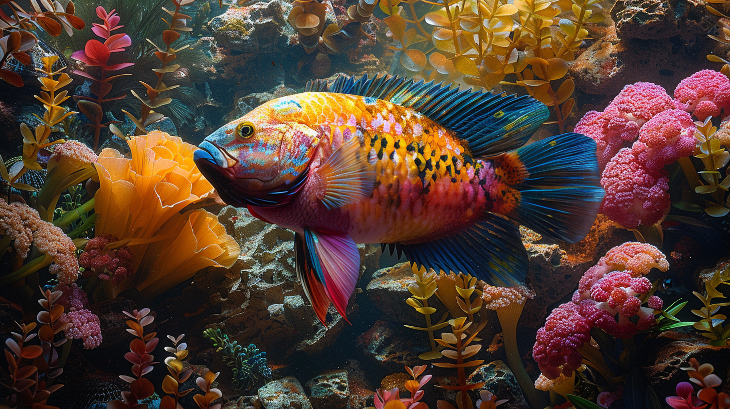 A vibrant, multicolored Oscar fish swims among colorful corals and underwater plants in a reef aquarium.