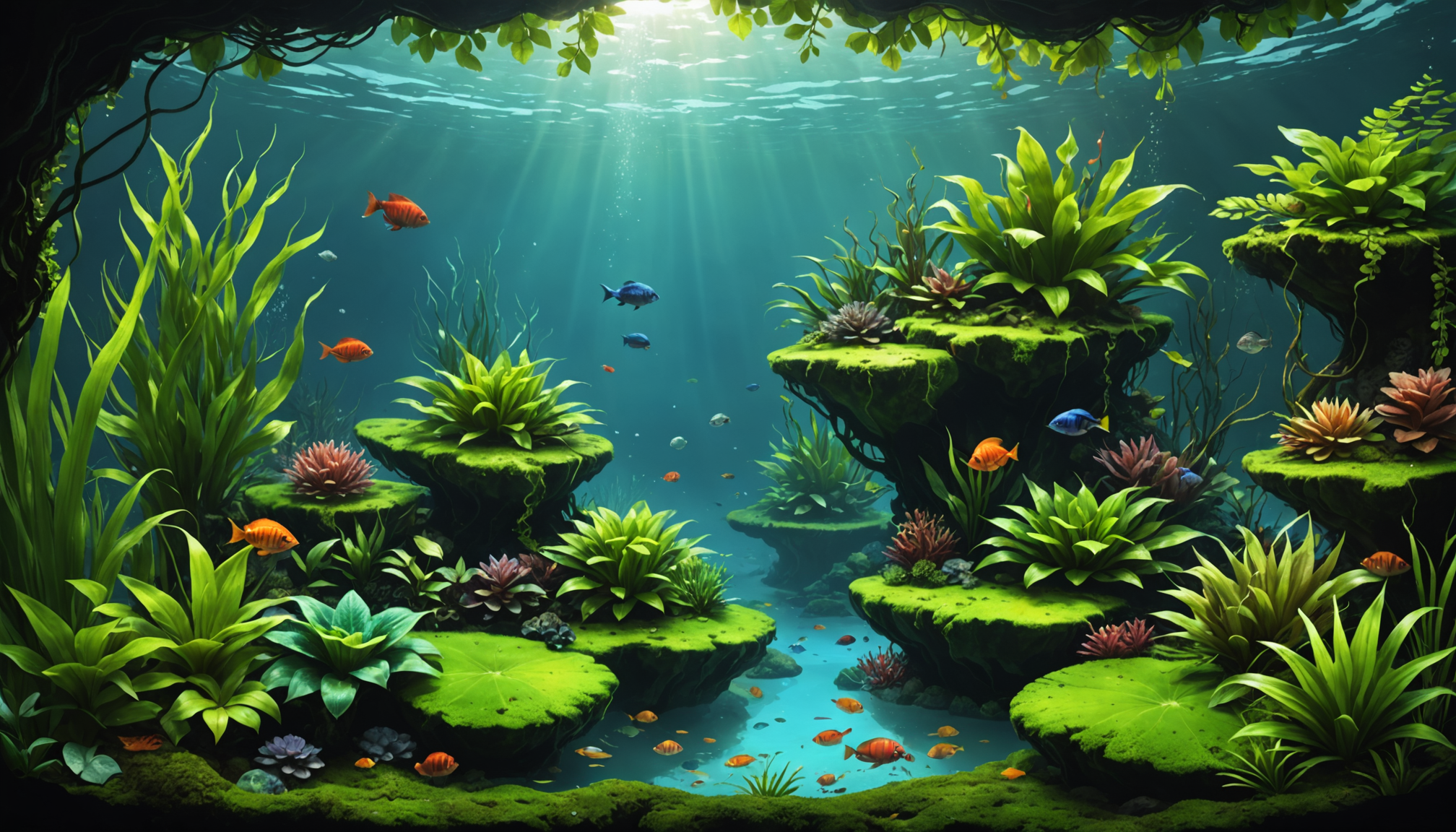 A vibrant underwater scene with sunlit waters, various colorful fish, and lush green semi-aquatic plants for aquariums gracing rocky formations.