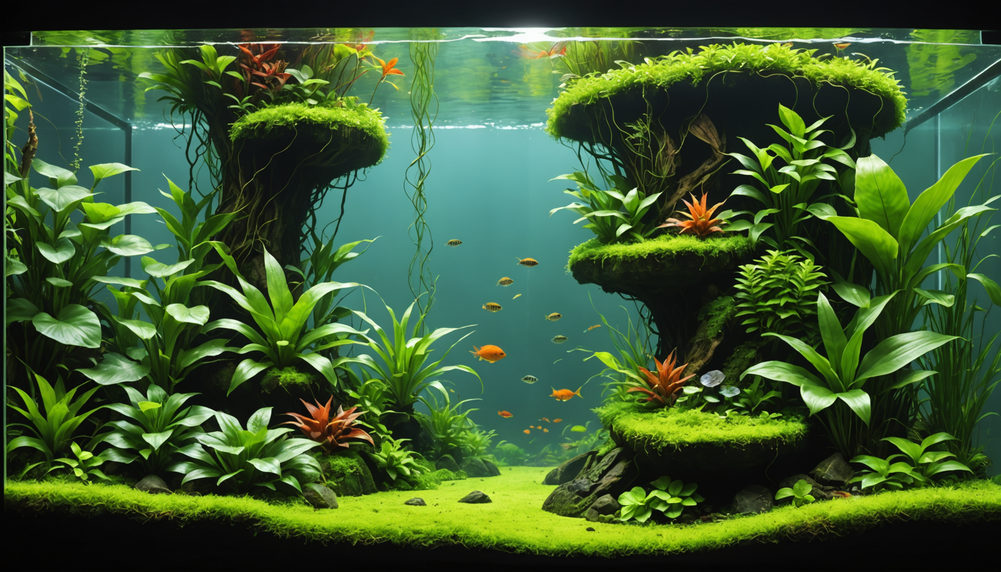 An aquarium featuring lush green semi-aquatic plants, rocky structures, and small fish gracefully swimming in clear water.