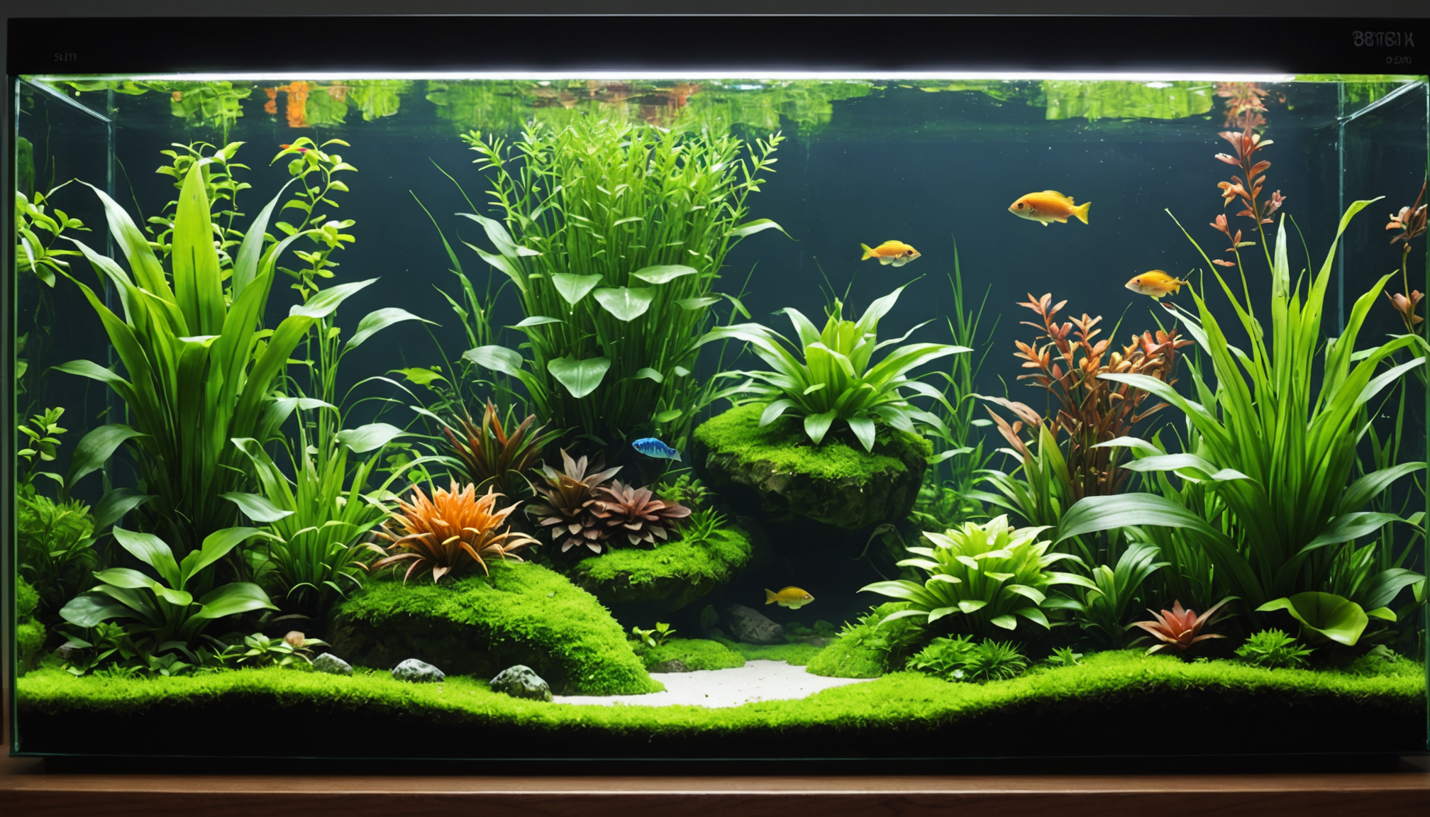 An aquarium filled with lush green plants, colorful fish, and semi aquatic plants nestled among moss-covered rocks on the sandy bottom creates a vibrant underwater haven.