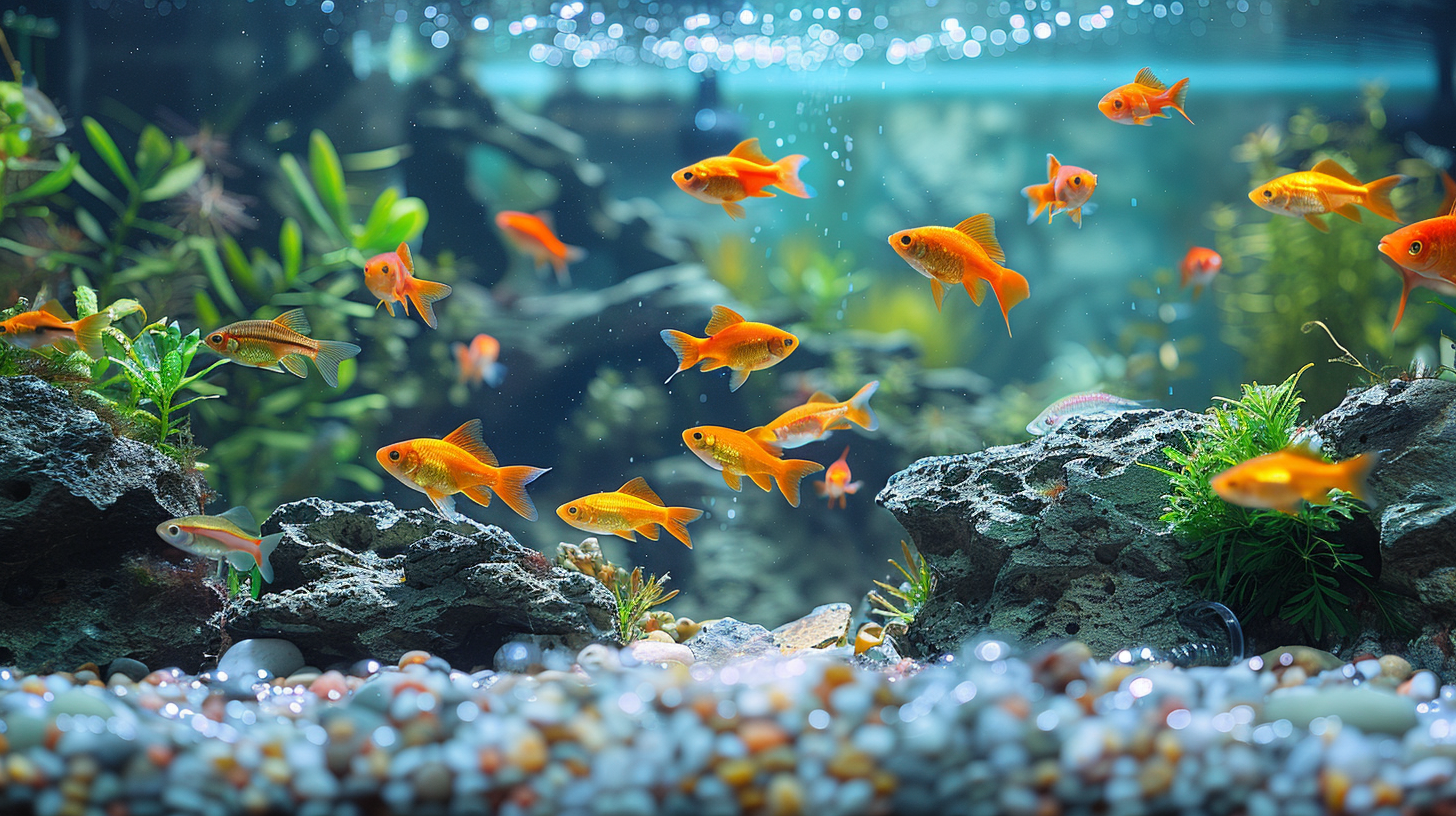 An aquarium filled with small, vibrant orange fish swimming among rocks and green plants, with bubbles rising to the water's surface—a scene that might make one wonder: can you over oxygenate a fish tank?