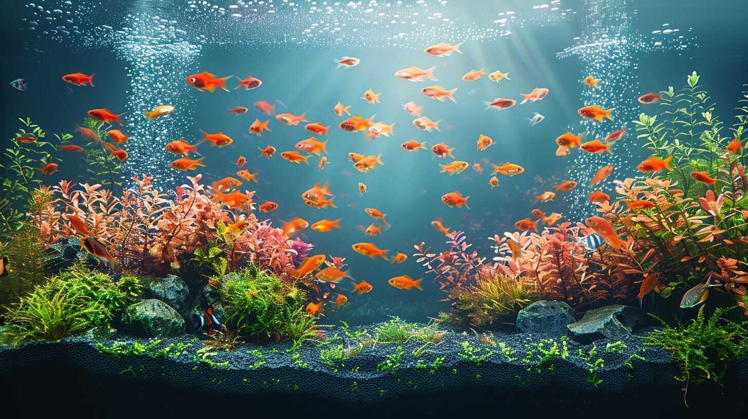 An aquarium with numerous small orange fish swimming among various aquatic plants, rocks, and bubbles rising toward the water's surface, leaving some to wonder: can you over oxygenate a fish tank?